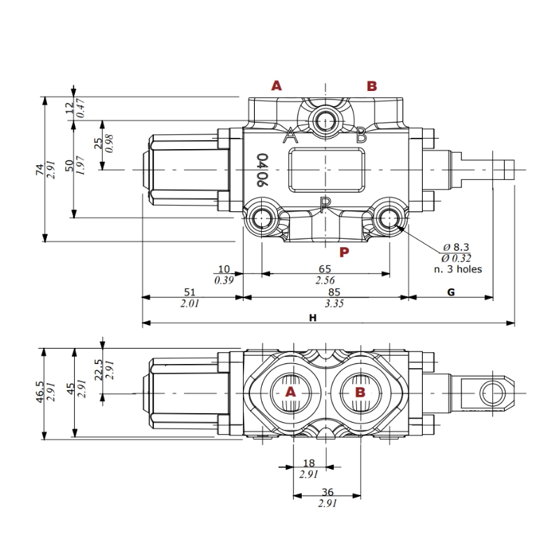 Walvoil DF10, 3 Way, 1/2" BSP, Closed Centre, Cam Controlled, Diverter Valve, Manual Spool, Spring Return, 90 L/min, 315 bar