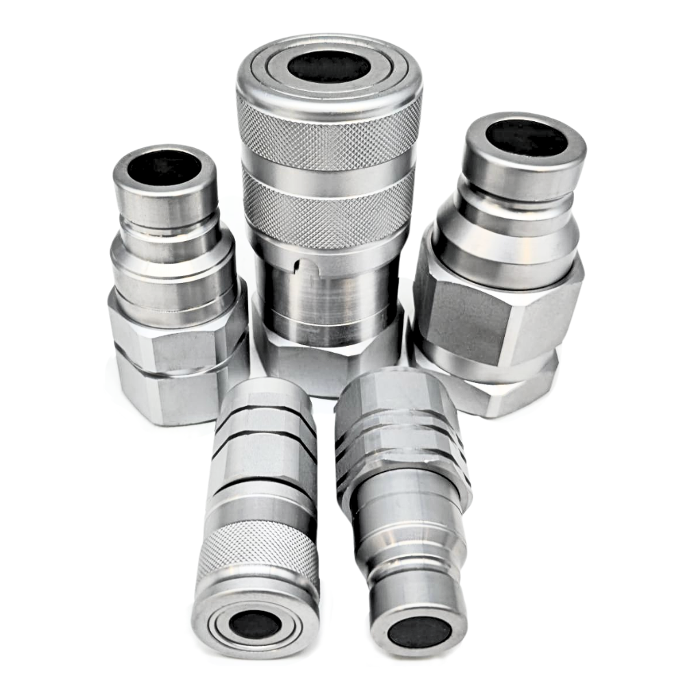 Hydraulic flat face quick release couplings set 3/8" BSP, DN06, ISO 10, 350 Bar rated, 23 L/min. Including Female and male caps Hydraulic flat face quick release couplings set 3/8" BSP, DN06, ISO 10, 350 Bar rated, 23 L/min. Including Female and male caps