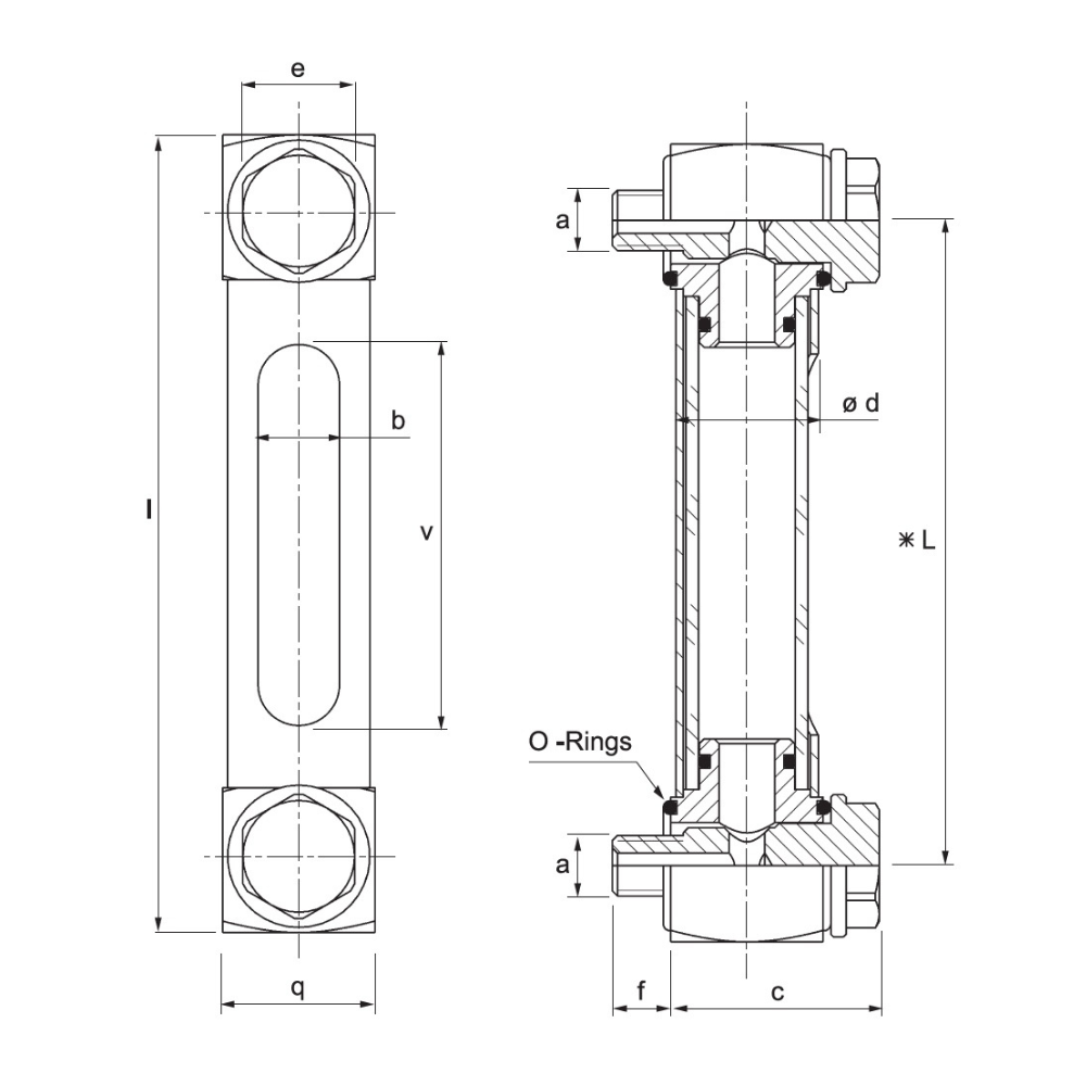 Hydraulic vertical level indicator with double thread, with pyrex glass and protection, 3/8" BSP, L=127, GLVX1G