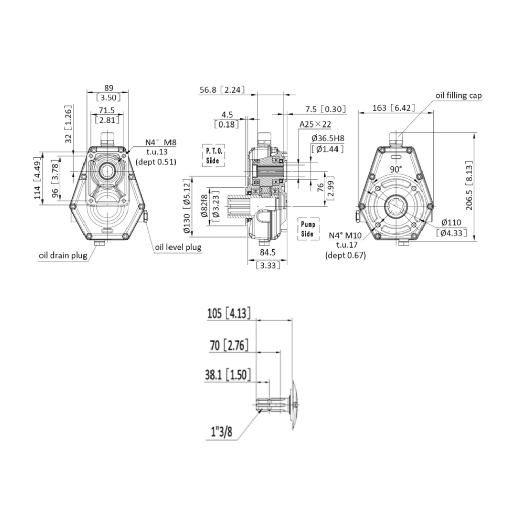Hydraulic PTO Gearbox, 10kW, Male Shaft, Ratio 1:3, Group 2 Pumps, Series 6001