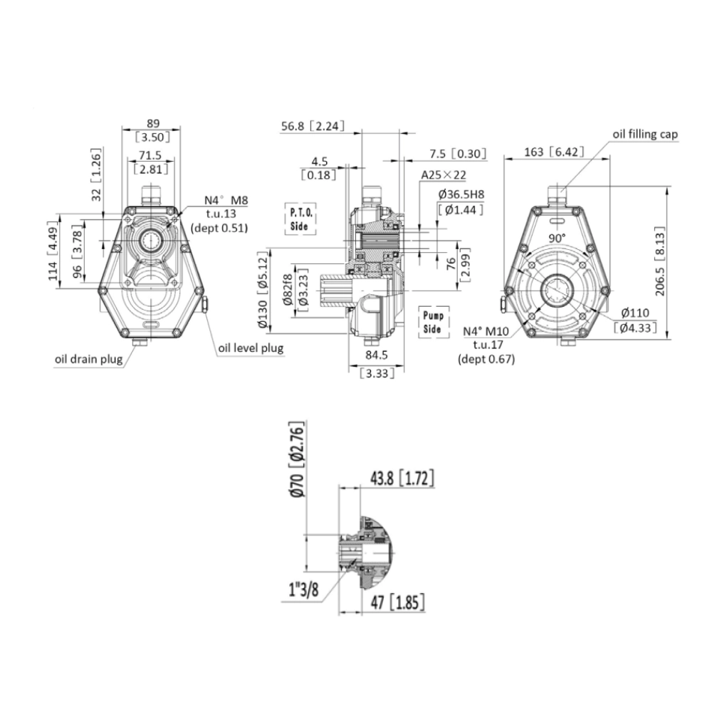 Hydraulic PTO Gearbox, 10kW, Female Quick Fitting Shaft, Ratio 1:3, Group 2 Pumps, Series 6004