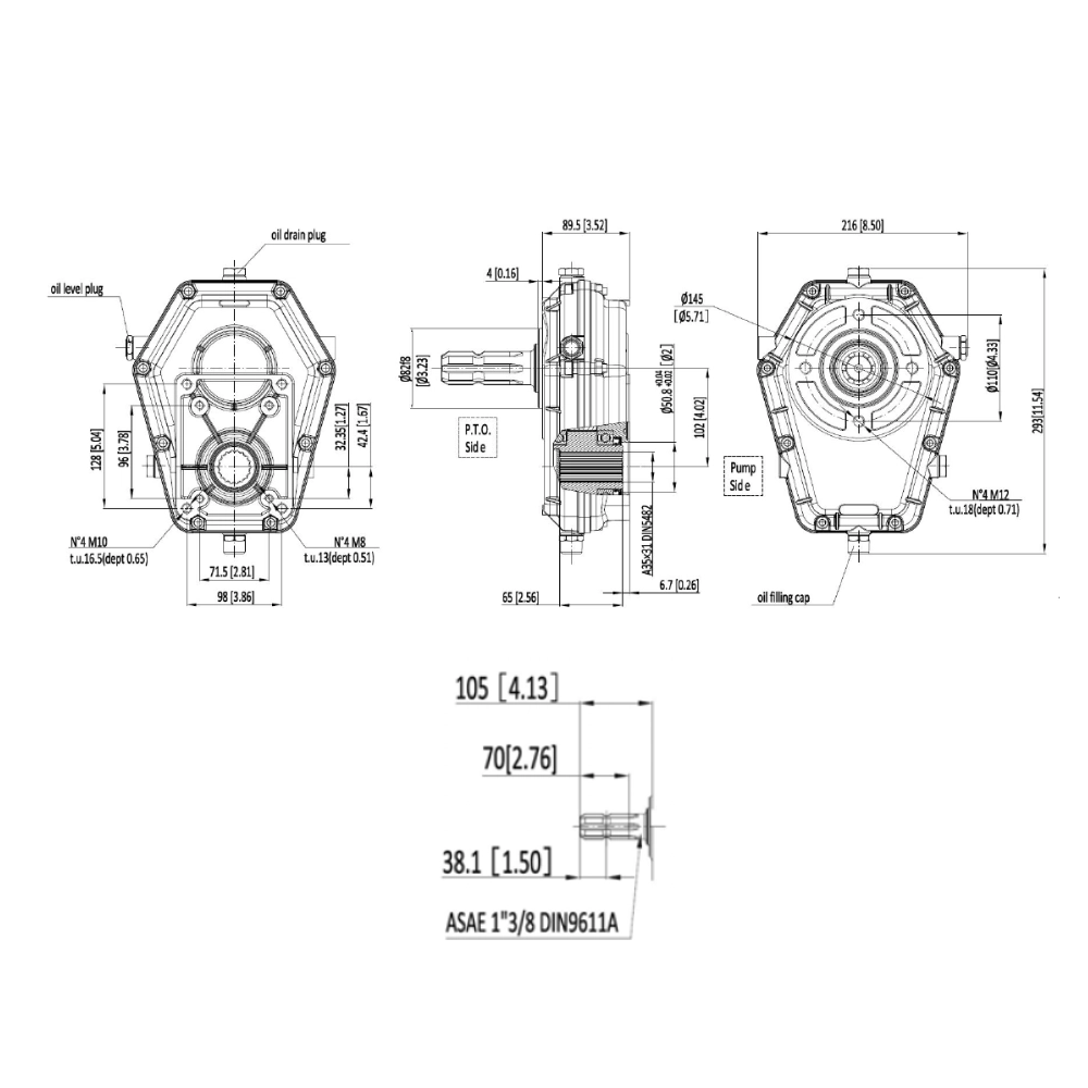 Hydraulic PTO Gearbox, 20kW, Male Shaft, Ratio 1:3, Group 2 & 3 Pumps, Series 7004