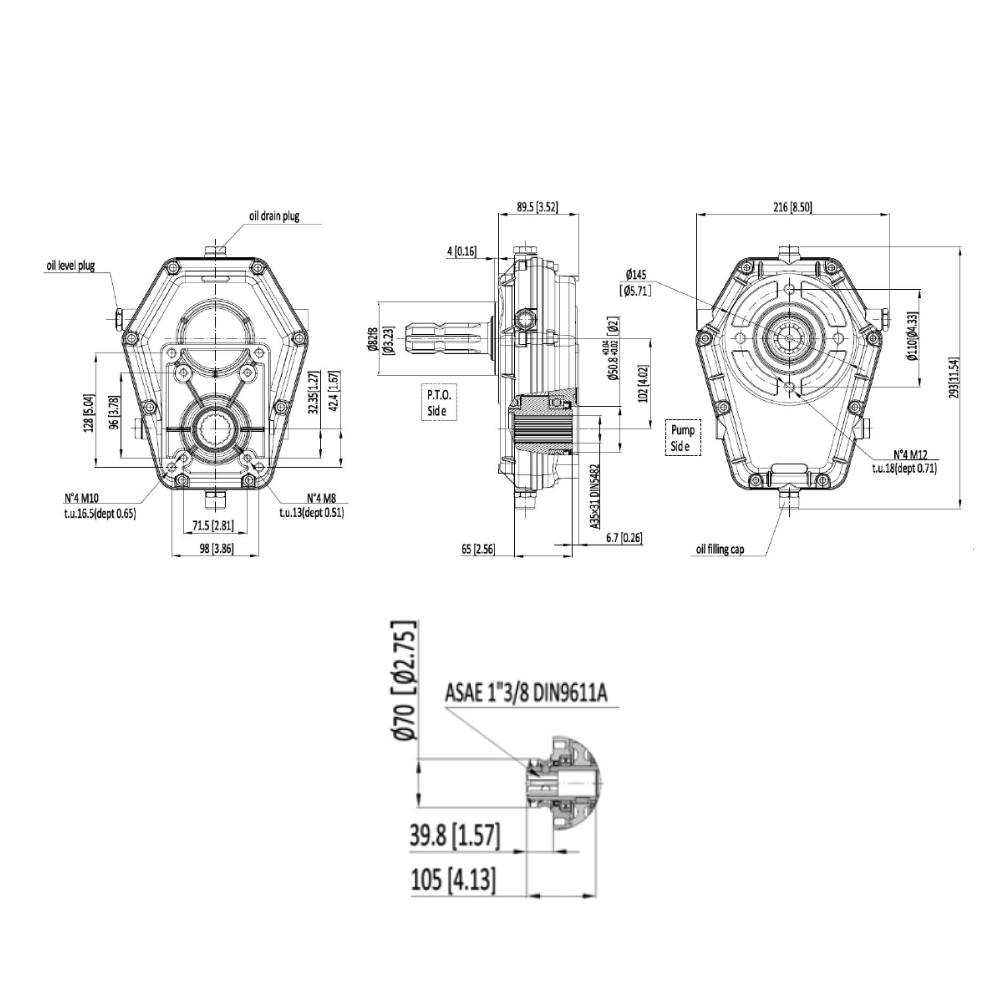 Hydraulic PTO Gearbox, 20kW, Female Quick Fitting Shaft, Ratio 1:3, Group 2 & 3 Pumps, Series 7004