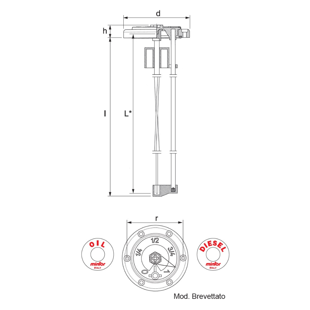 Flanged level indicator with float system length 300mm, for use with Oil