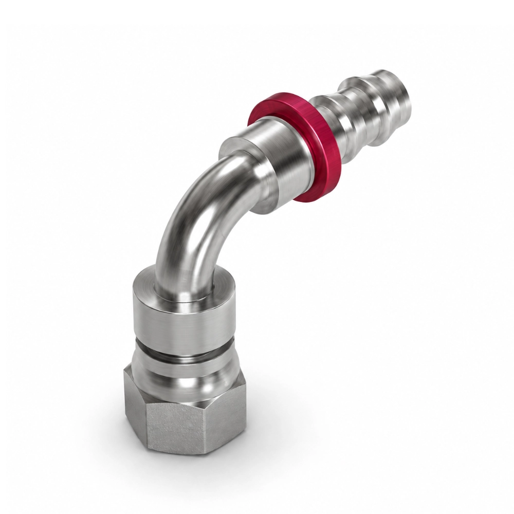 7/16" JIC Female x 1/4" Push-In Hose Tail 90° Swept Adaptor