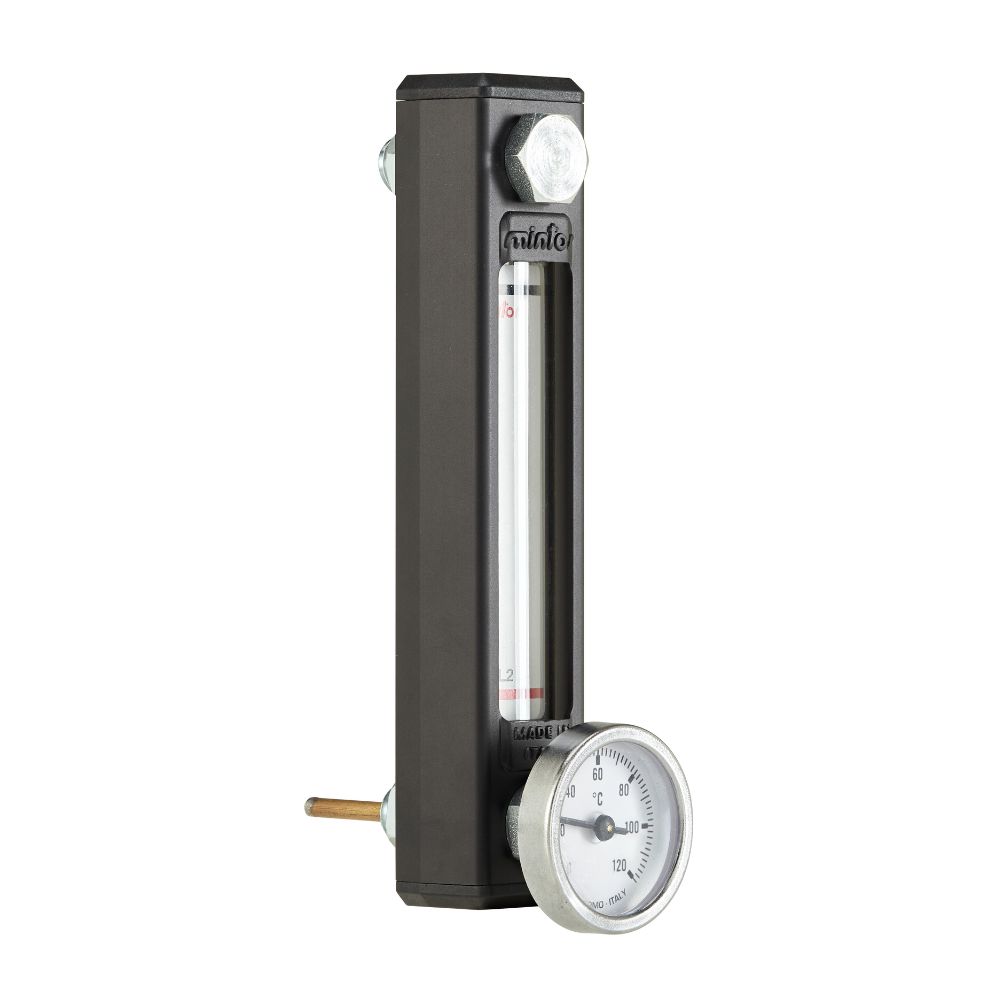 Vertical level indicator with bimetallic thermometer, M10, Length 109mm Vertical level indicator with bimetallic thermometer, M10, Length 109mm