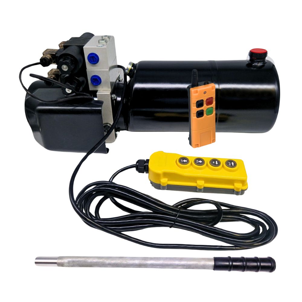 Double Acting, Double Solenoid Hydraulic Power Pack With 8L Steel Tank, Back Up Hand Pump & Wireless Remote 12V DC 1.6KW