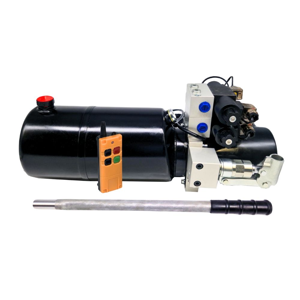 Double Acting, Double Solenoid Hydraulic Power Pack With 8L Steel Tank, Back Up Hand Pump & Wireless Remote 12V DC 1.6KW
