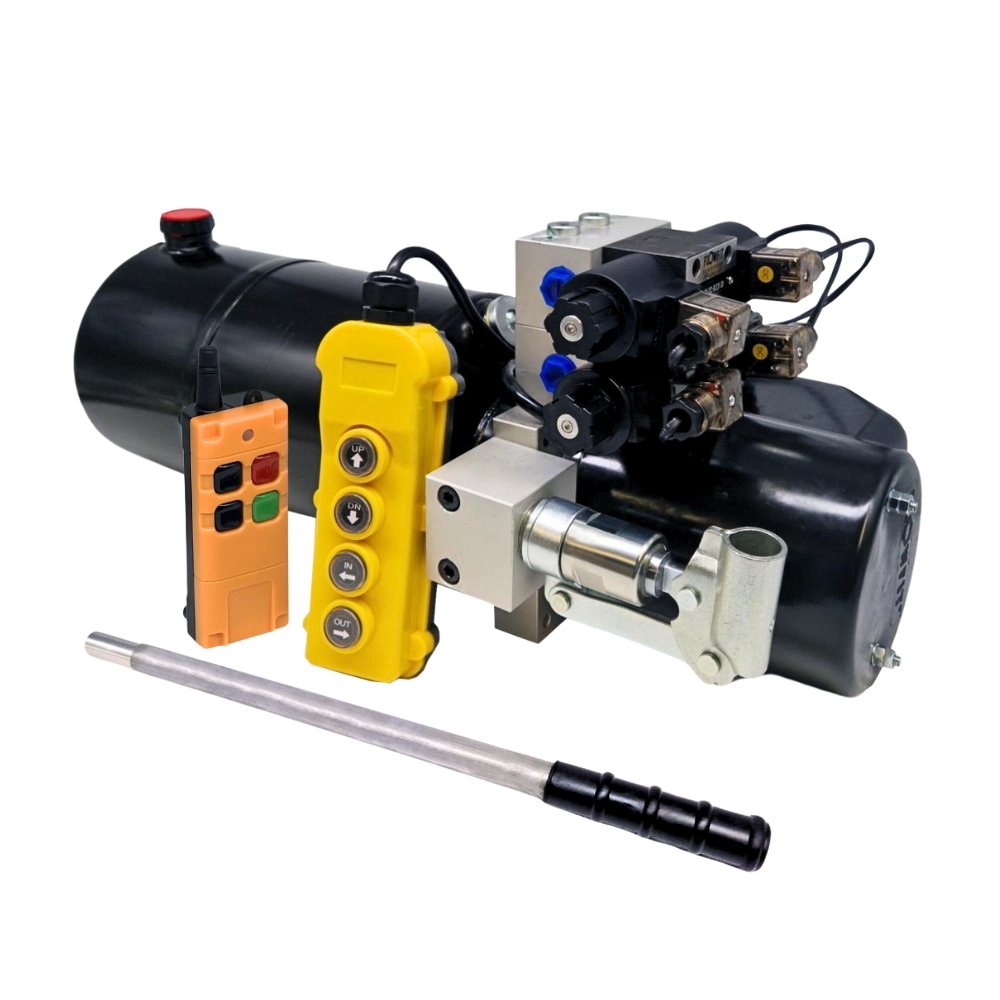Double Acting, Double Solenoid Hydraulic Power Pack With 8L Steel Tank, Back Up Hand Pump & Wireless Remote 12V DC 1.6KW