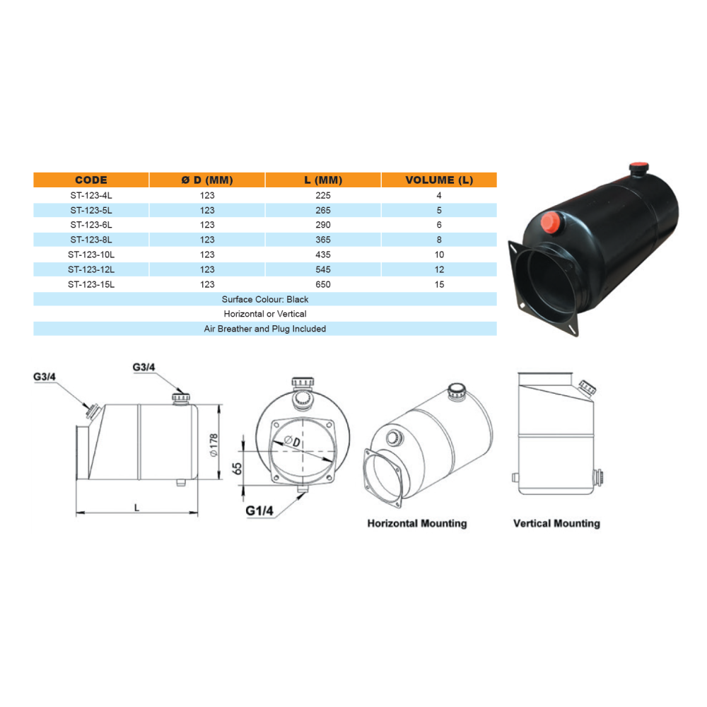 Steel Tank Suitable for Flowfit 110V, 240V and 415V AC Power Unit, 4 Litre, Neck Size 123mm, Horizontal or Vertical