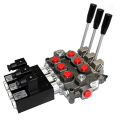 Double Acting 3 Bank Cylinder Spool 3 Positions, Spring Return with 24VDC, Electro Solenoid Control c/w Manual over-ride, 3/8 Monoblock Valve
