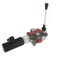 Double Acting 1 Bank Cylinder, Spool 3 Positions, Spring Return with 24VDC, Electro Solenoid Control c/w Manual over-ride. 1/2 Monoblock Valve