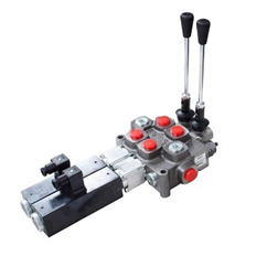 Double Acting 2 Bank Cylinder, Spool 3 Positions, Spring Return with 12VDC, Electro Solenoid Control c/w Manual over-ride. 1/2 Monoblock Valve