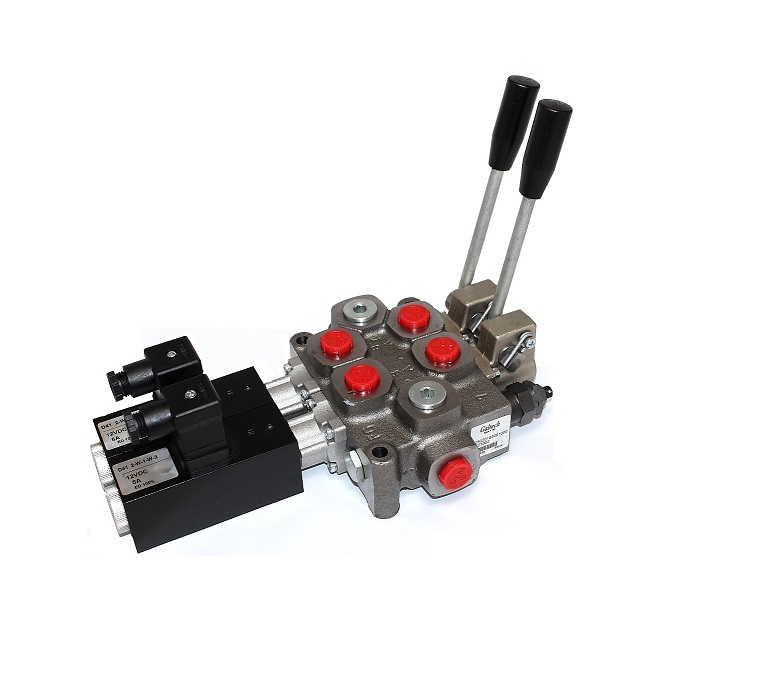 Walvoil 2 Bank, 3/8 BSP, 40 l/min Double Acting Cylinder Spool 3 Position Spring Return with 12V DC Electro Solenoid Control with Manual Over-ride