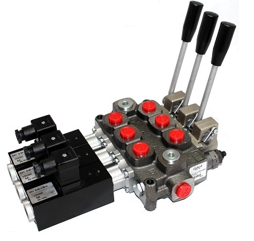 Walvoil 3 Bank, 3/8 BSP, 40 l/min Double Acting Cylinder Spool 3 Position Spring Return with 12V DC Electro Solenoid Control with Manual Over-ride