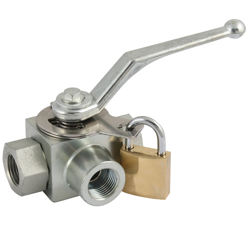 LHA Hydraulic 3 Way Ball Valve, L-Ported, 1/2 BSP, 13DN, Length: 83mm, 500 bar