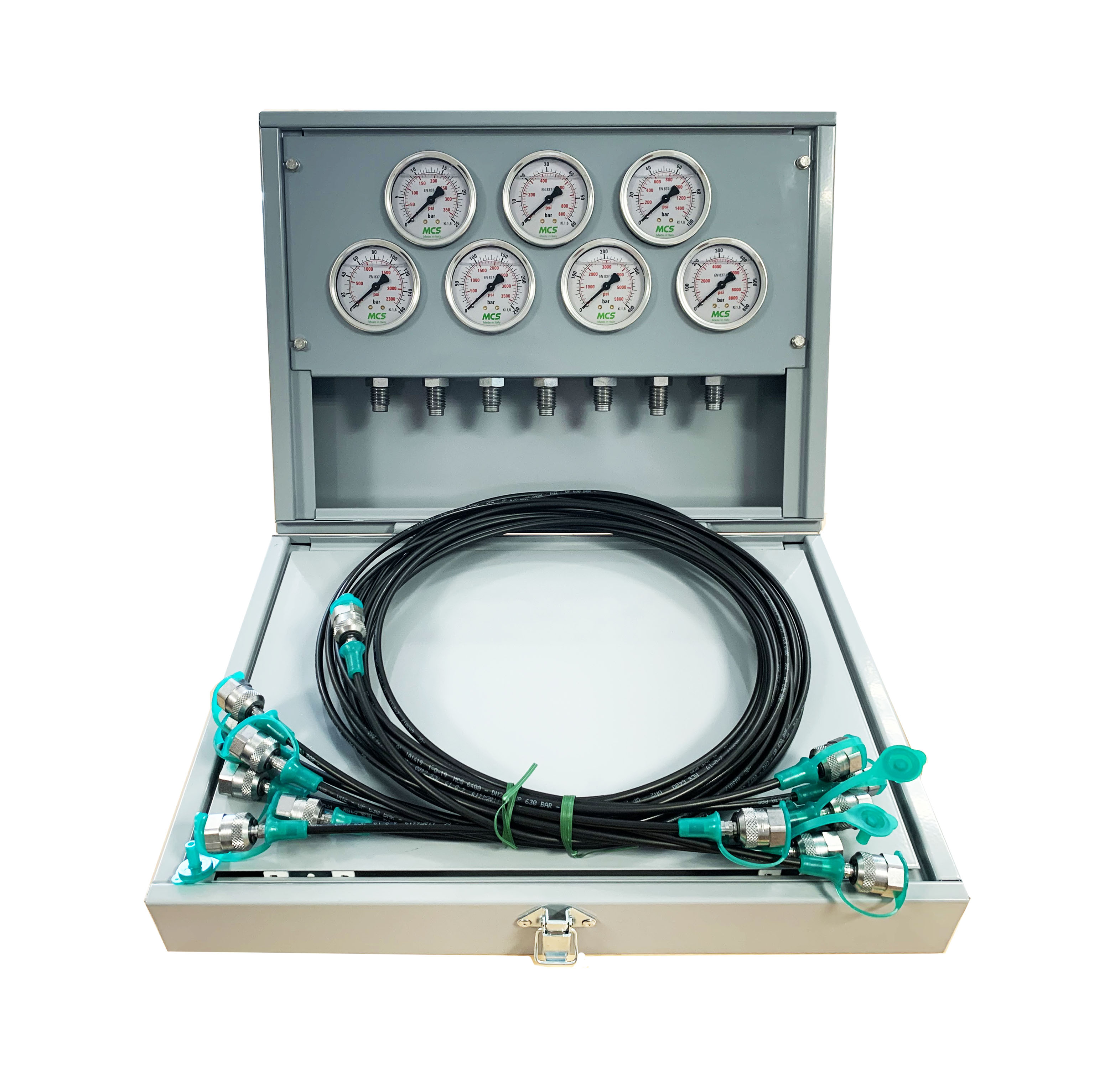 MCS Metal Pressure Test Kit, 7 X 63mm Pressure Gauges & 7 X Micro Hose