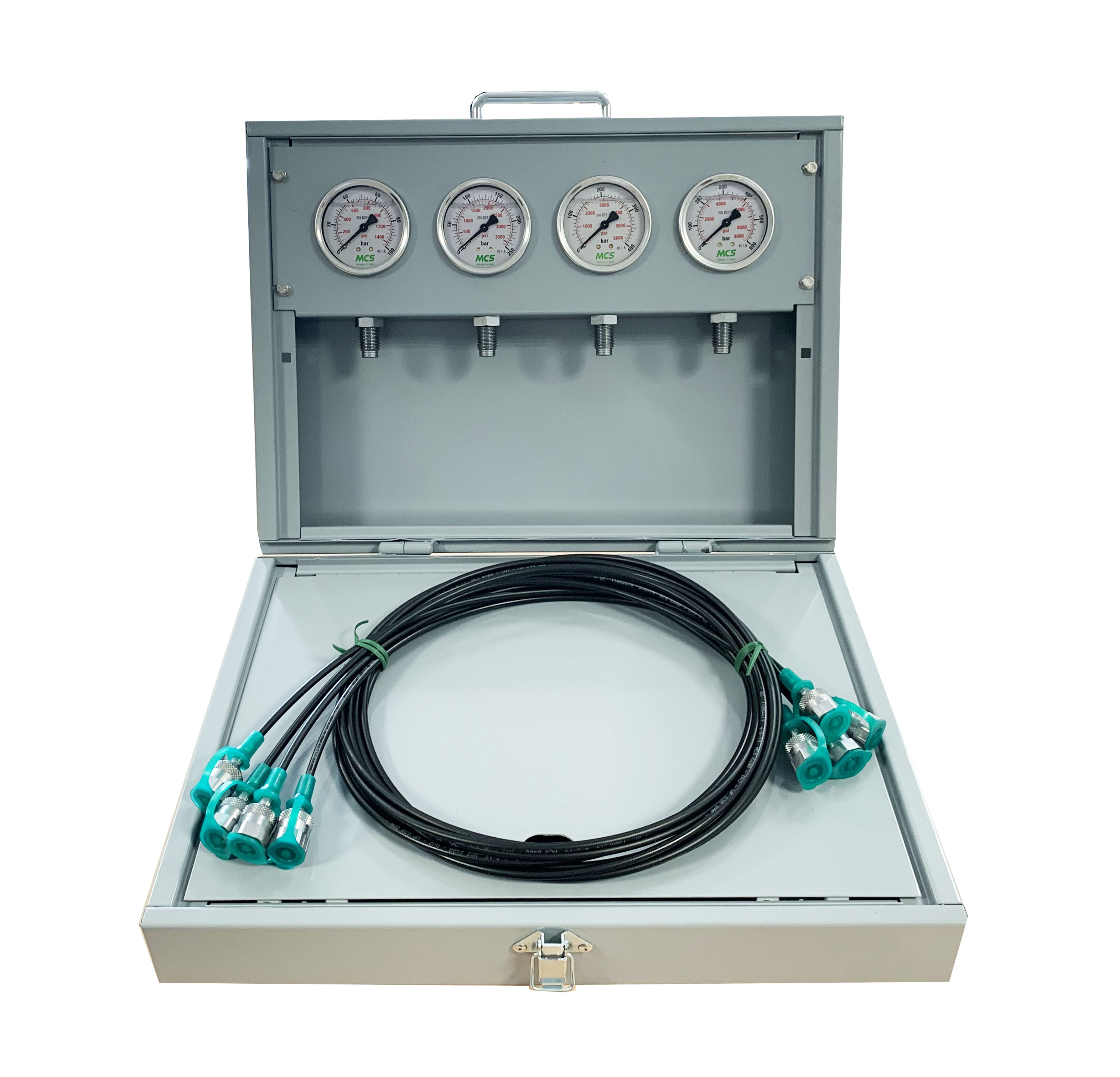 MCS Metal Pressure Test Kit, 4 X 63mm Pressure Gauges & 4 X Micro Hose