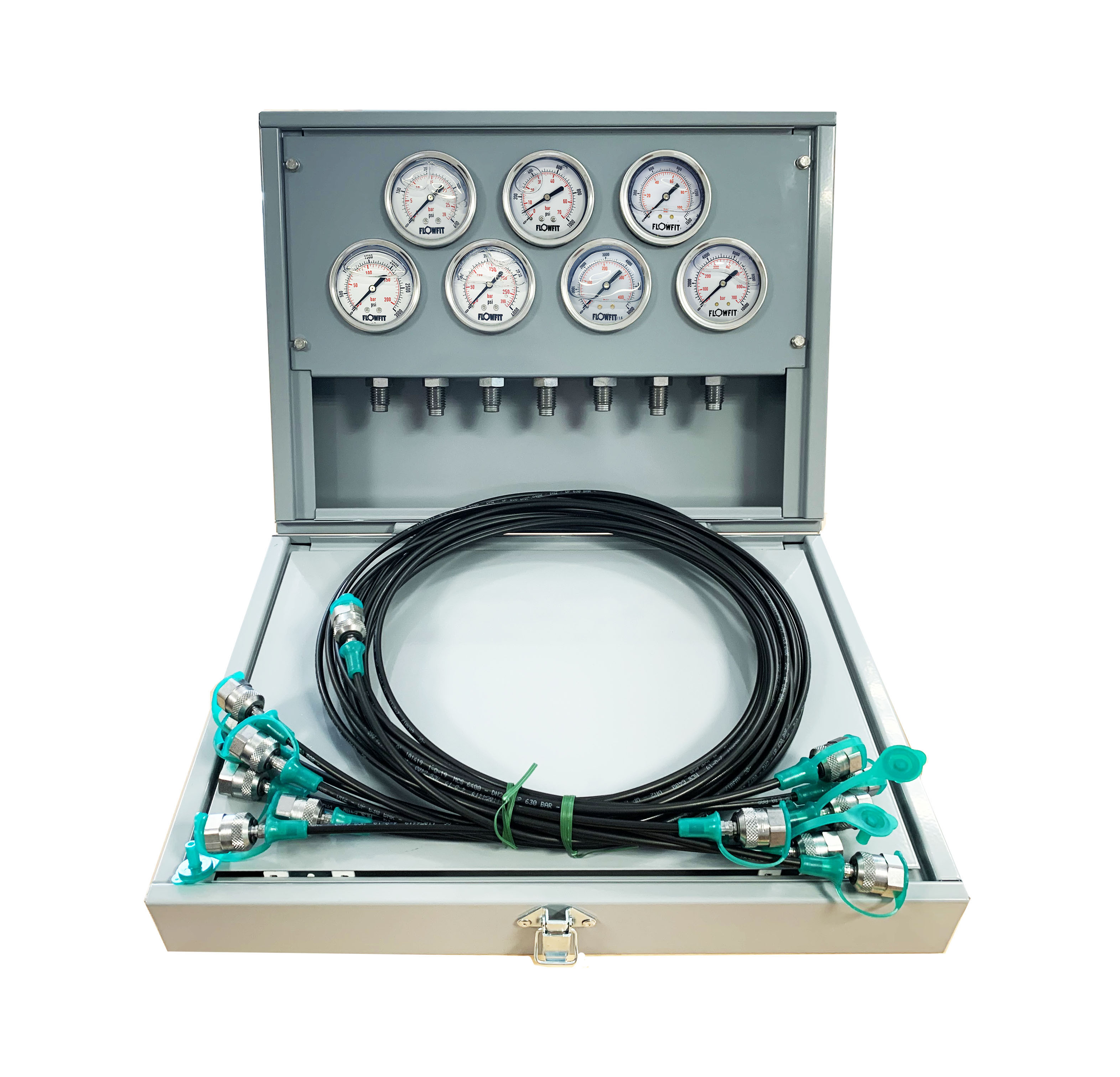 Flowfit Metal Pressure Test Kit, 7 X 63mm Pressure Gauges & 7 X Micro Hose