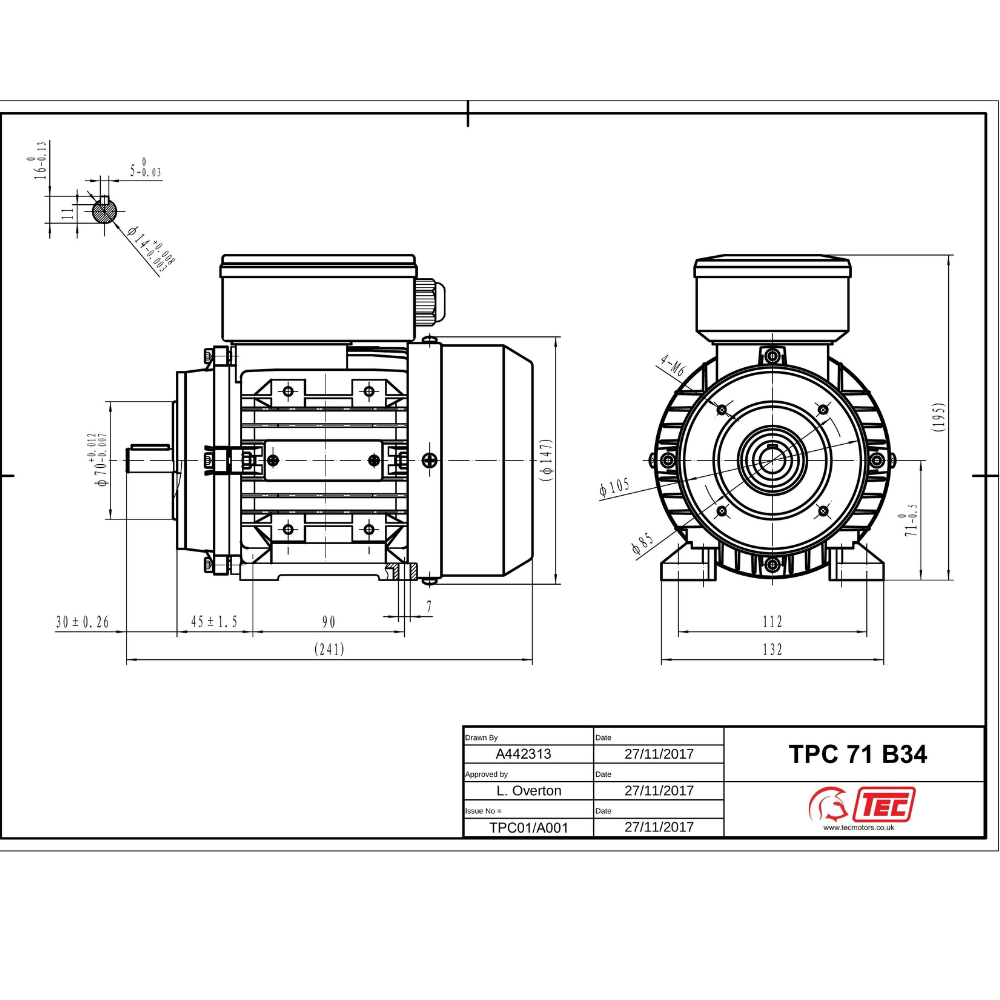 Single Phase 230v Electric Motor, 0.55Kw Perm/Cap 2 pole 2760rpm B34 with face and foot mount Single Phase 230v Electric Motor, 0.55Kw Perm/Cap 2 pole 2760rpm B34 with face and foot mount