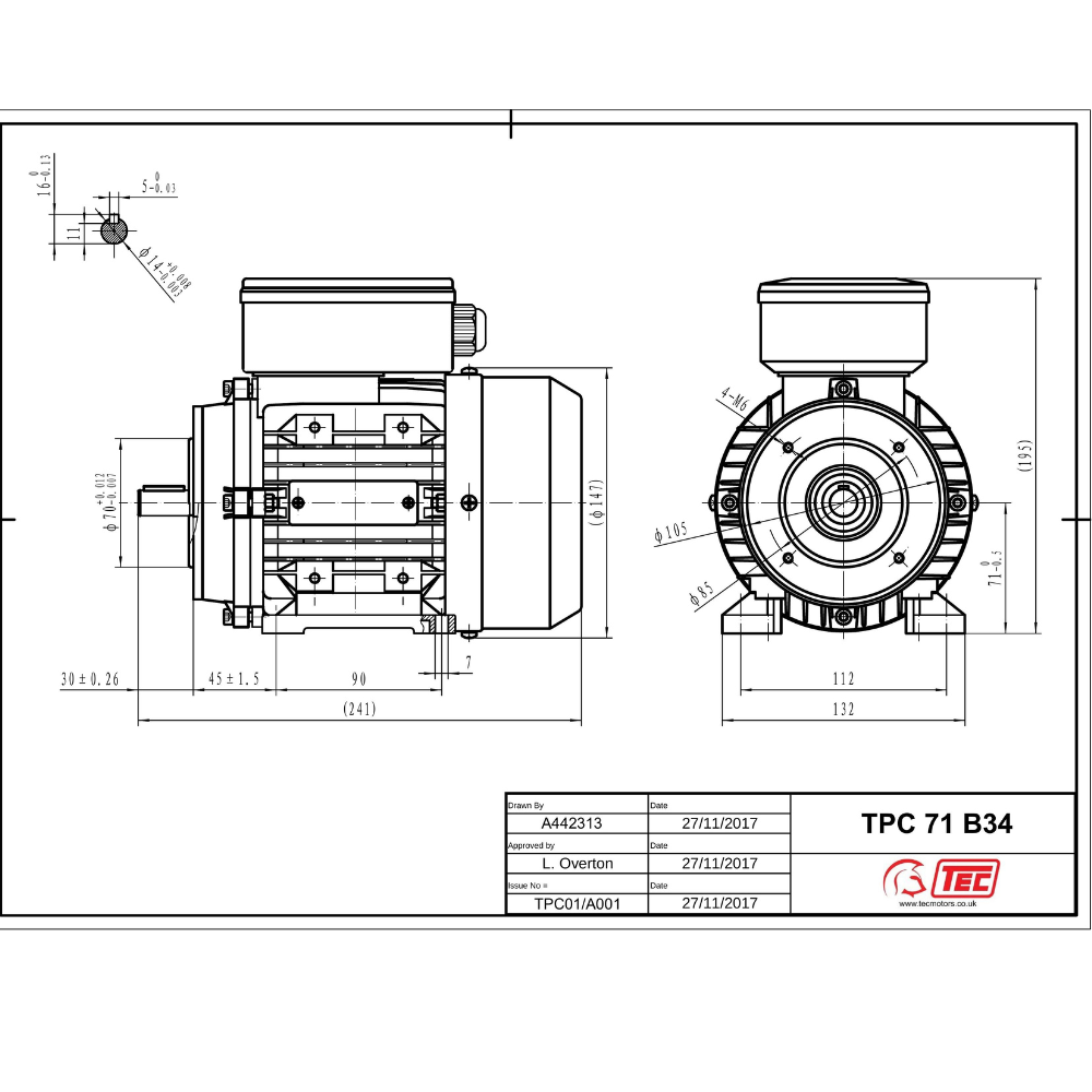 Single Phase 230v Electric Motor, 0.55Kw Perm/Cap 2 pole 2760rpm B34 with face and foot mount