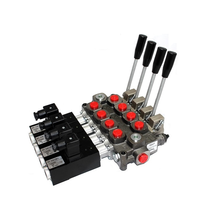 Walvoil 4 Bank, 3/8 BSP, 40 l/min Double Acting Cylinder Spool 3 Position Spring Return with 24V DC Electro Solenoid Control with Manual Over-ride Walvoil 4 Bank, 3/8 BSP, 40 l/min Double Acting Cylinder Spool 3 Position Spring Return with 24V DC Electro Solenoid Control with Manual Over-ride