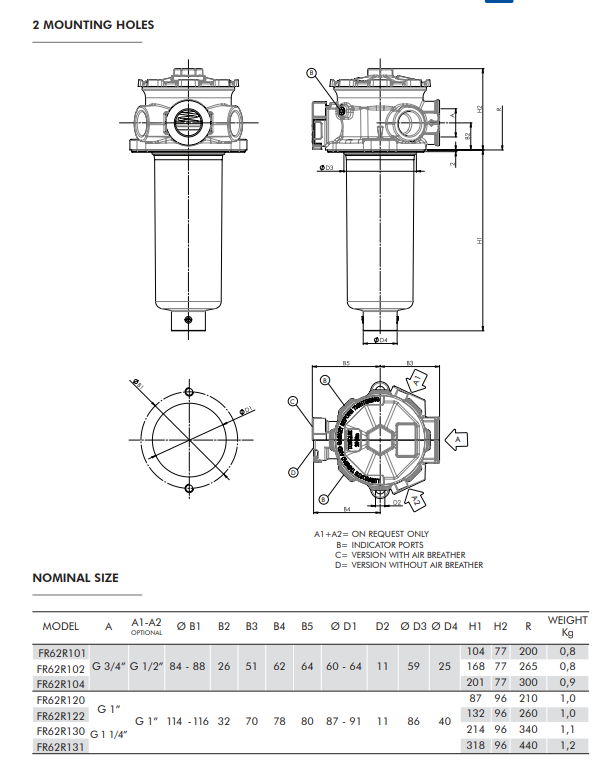 FR6 Series Tank Top Return Filter 10 Micron 2 Hole 3/4" BSP 46 L/min With Air Breather  c/w Quick Access Filler Cap