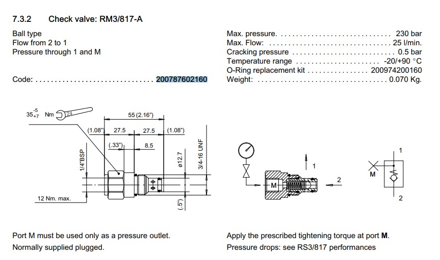Bucher UP100 Check Valve RM3/817-A
