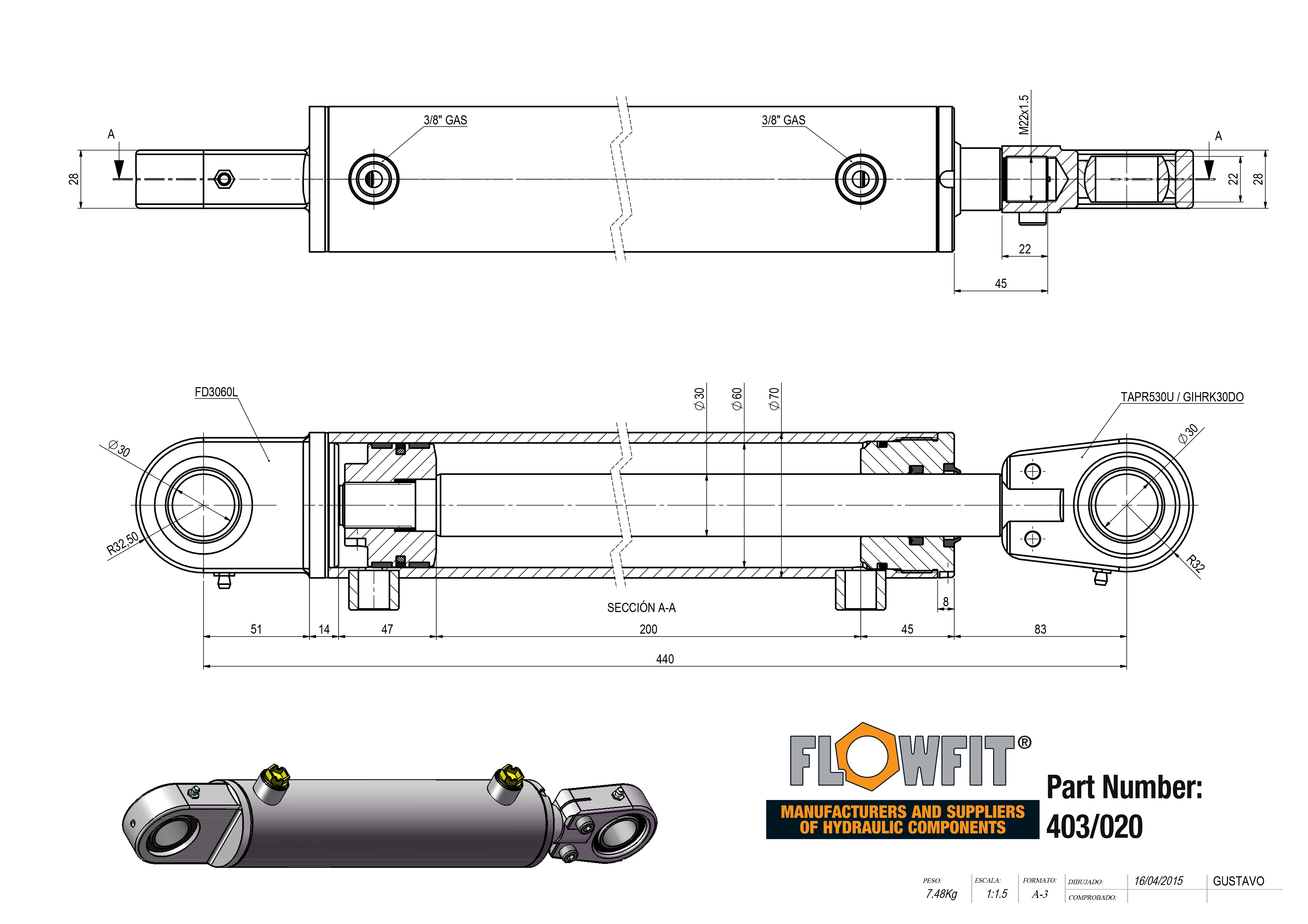 Hydraulic Double Acting Spherical End Cylinder, 60mm Bore, 30mm Rod, 250mm Stroke