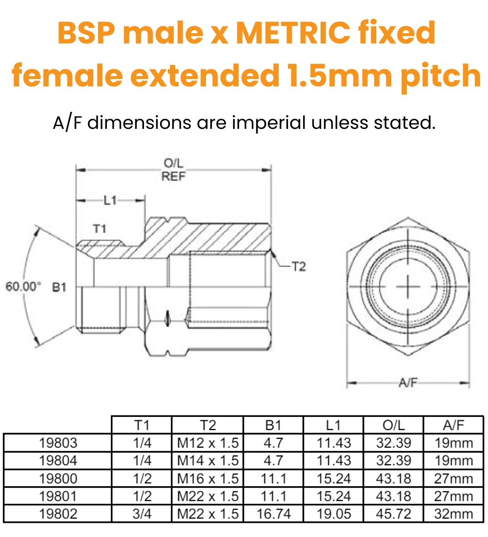 Flowfit BSP Male X Metric Swivel Female Hydraulic Adapter – 1/4 To 3/4 BSP / M12 To M22 (1.5mm Pitch)