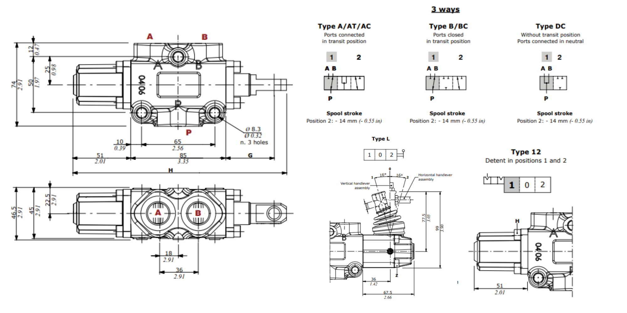 Walvoil, DF10/3A12L, 3 Way, 1/2", Open Centre, Detent, Lever Control, Manual Spool Diverter Valve Walvoil, DF10/3A12L, 3 Way, 1/2", Open Centre, Detent, Lever Control, Manual Spool Diverter Valve