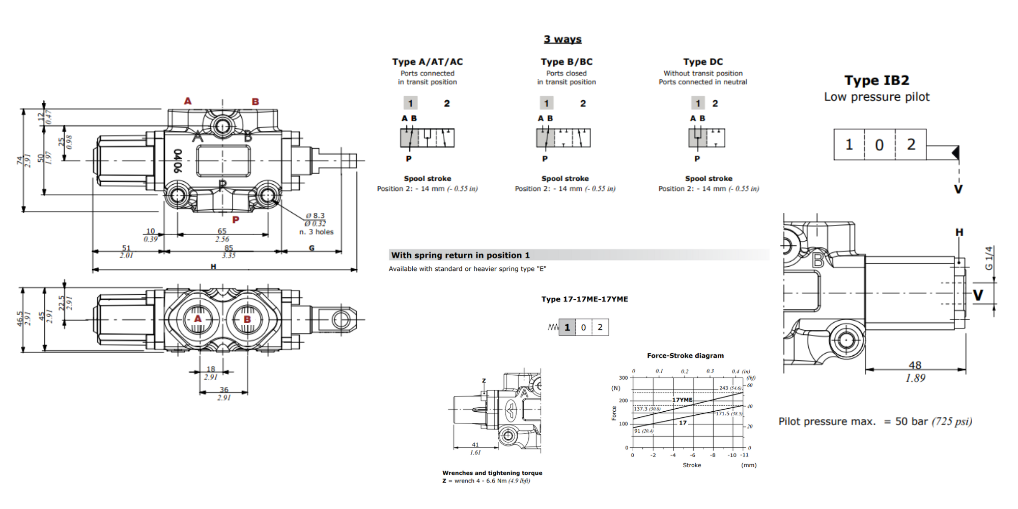 Walvoil, DF10/3A17IB2, 3 Ways, 1/2", Open, Spring Return, Low Pressure Pilot, Manual Spool Diverter Valve Walvoil, DF10/3A17IB2, 3 Ways, 1/2", Open, Spring Return, Low Pressure Pilot, Manual Spool Diverter Valve