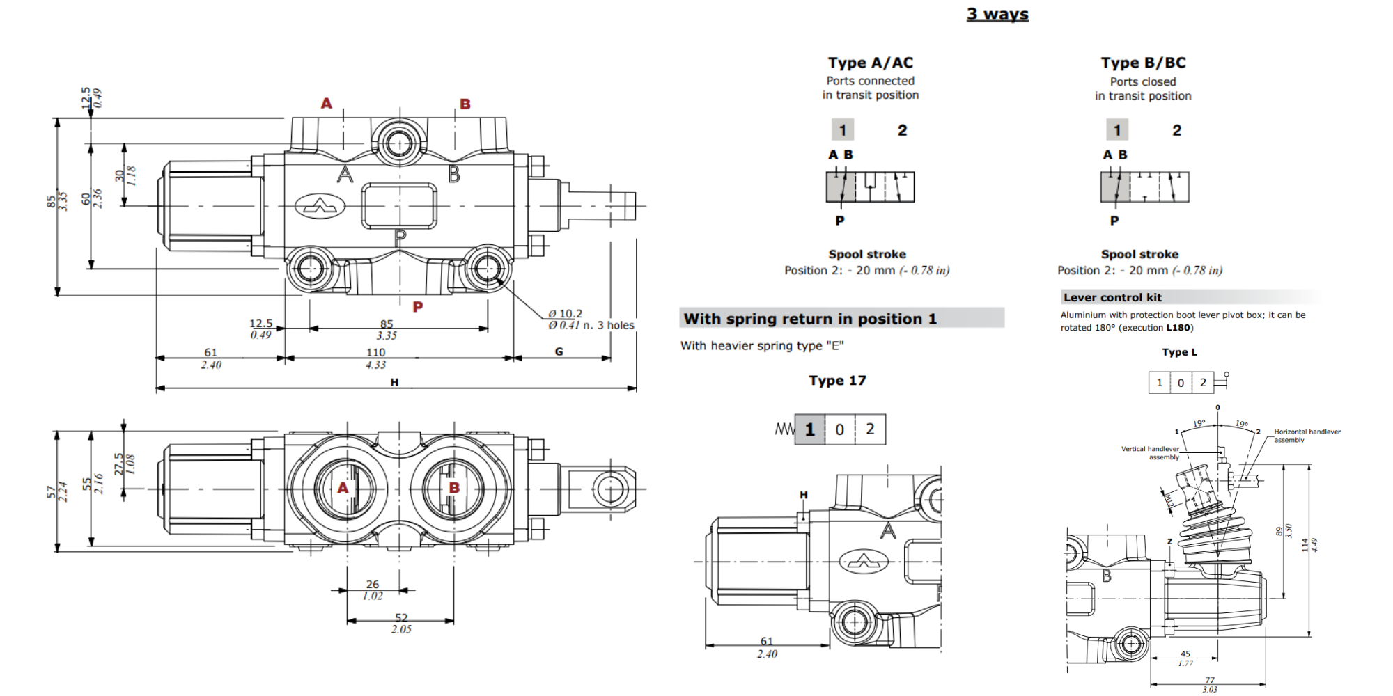 Walvoil, DF20/3A17L, 3 Way, 3/4" BSP Ports, Open Centre, Spring Return, Lever Control, Manual Spool Diverter Valve Walvoil, DF20/3A17L, 3 Way, 3/4" BSP Ports, Open Centre, Spring Return, Lever Control, Manual Spool Diverter Valve