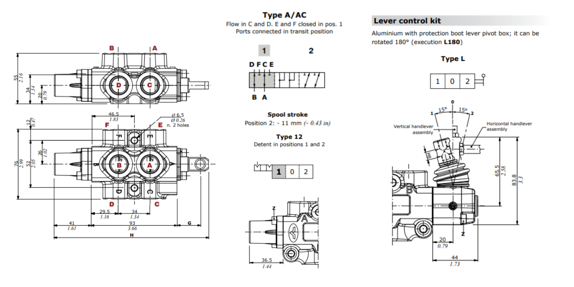 Walvoil, DF5/6A12L, 6 Ways 3/8", Open Centre, Detent, Lever Control, Manual Spool Diverter Valve