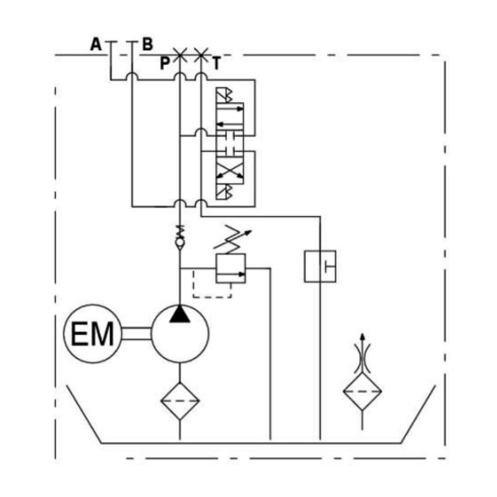 Double acting hydraulic power pack circuit diagram showing hydraulic pressure extending and retracting the cylinder