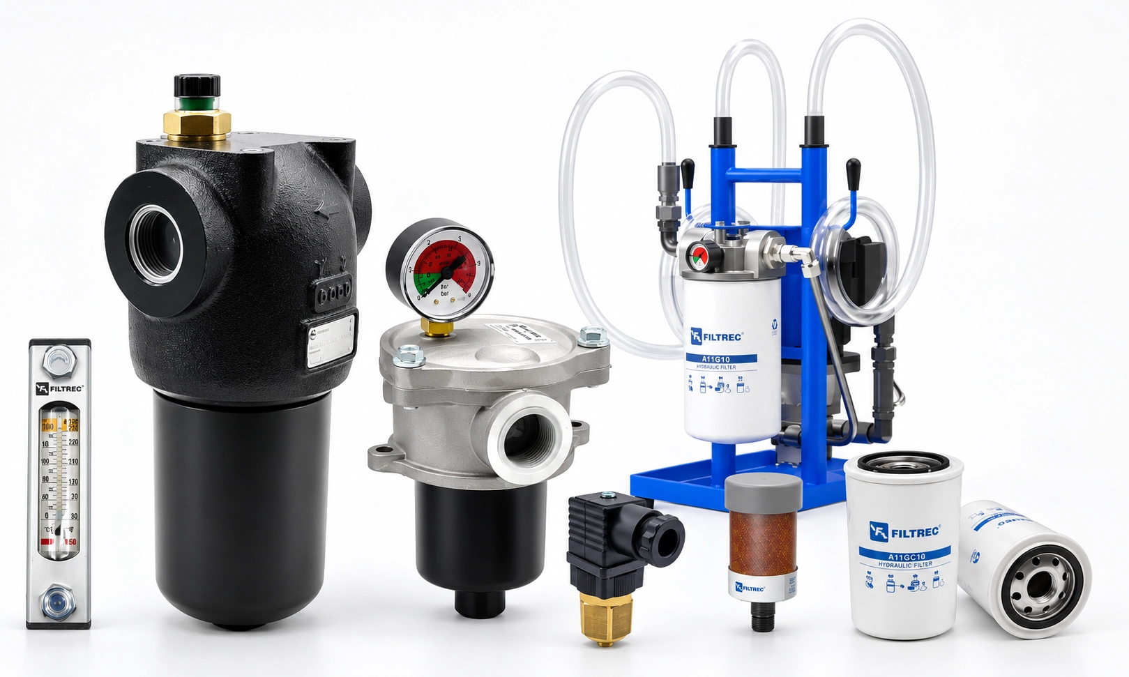 Filtrec hydraulic filtration range including hydraulic filters, filter housings, replacement filter elements, level indicators and filtration equipment