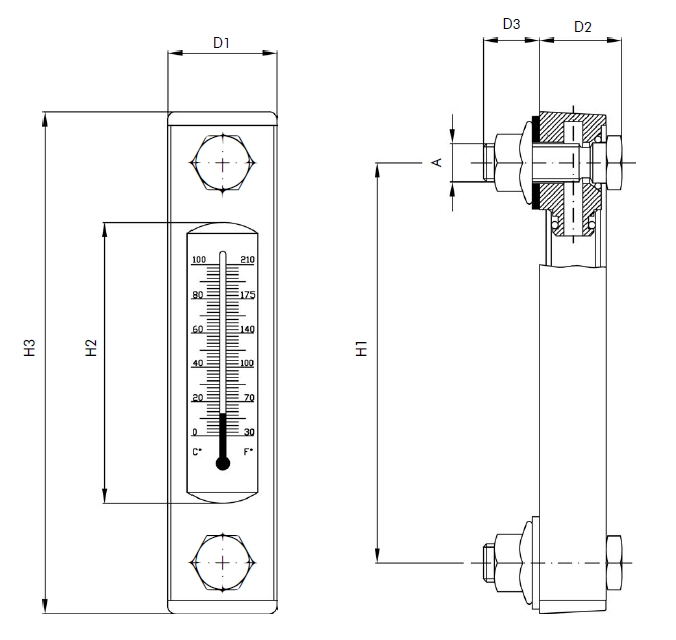 Filtrec FL visual oil level indicator sizes 1 to 3 dimensions