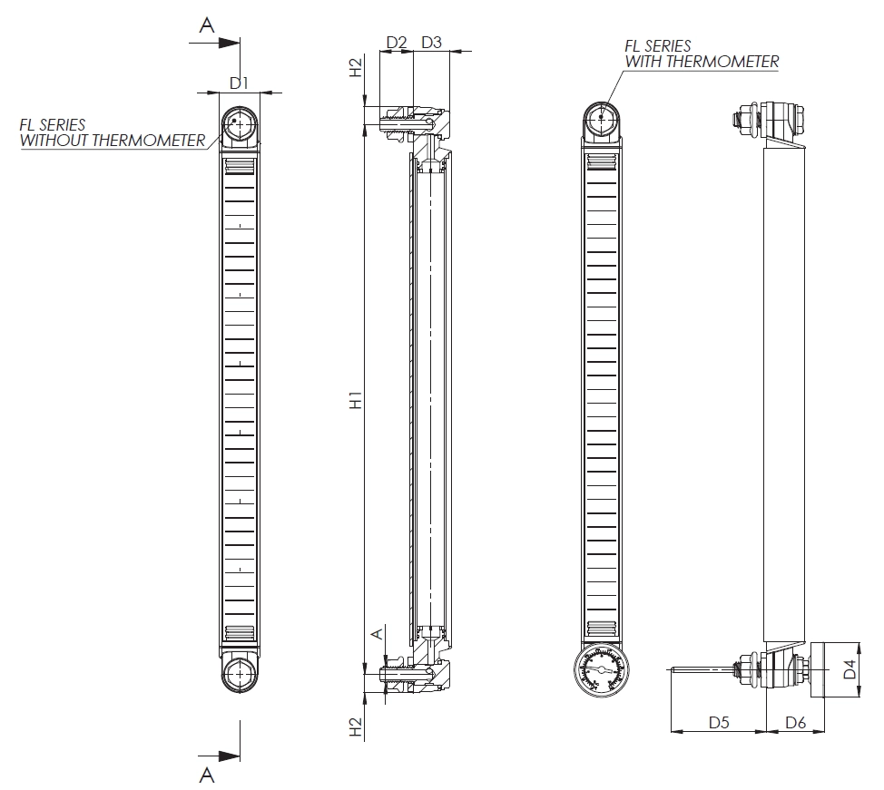 Filtrec FL visual oil level indicator sizes 4 to 6 dimensions