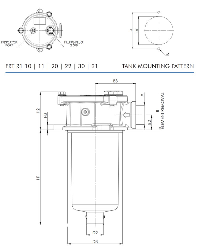 Filtrec FRT R1 10 Tank Top Return Filter, 10 Micron, 3/8 BSP, 50 L/min