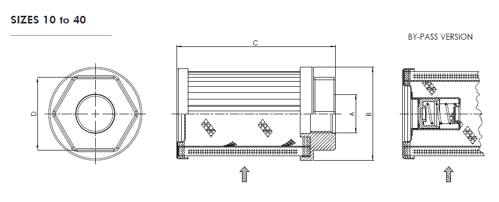Filtrec FS1 sizes 10 to 40 suction strainer dimensional drawing
