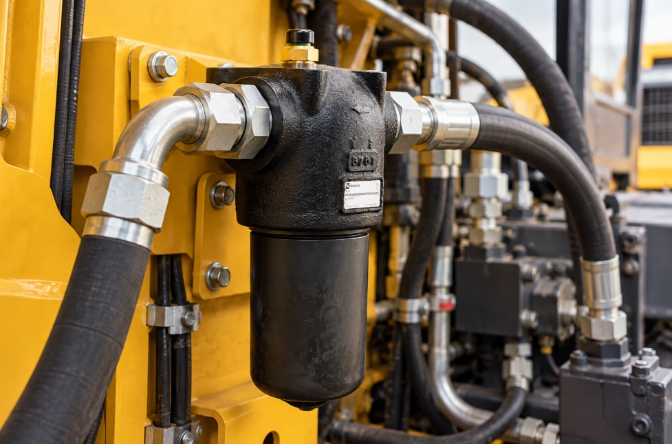 High-pressure hydraulic filter installed in a hydraulic system with hoses, fittings and hydraulic components