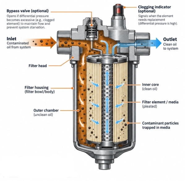 Diagram showing how a high-pressure hydraulic filter works with contaminated oil entering the filter, particles being trapped in the filter media, clean oil passing to the centre core and filtered oil leaving through the outlet
