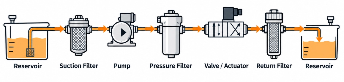 Hydraulic fluid circuit schematic showing reservoir, suction filter, pump, pressure filter, valve and actuator, return filter and reservoir