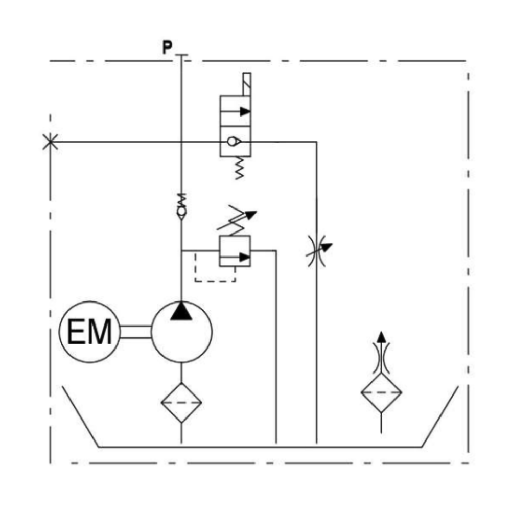 Single acting hydraulic power pack circuit diagram showing hydraulic pressure moving the cylinder in one direction