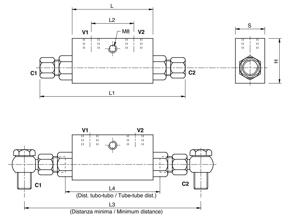 Hydraulic Double Pilot Operated Check Valve 3/8 BSP x 12 mm Pipe Mounting (DIN 2353), VBPDE 3/8 L 2 CC
