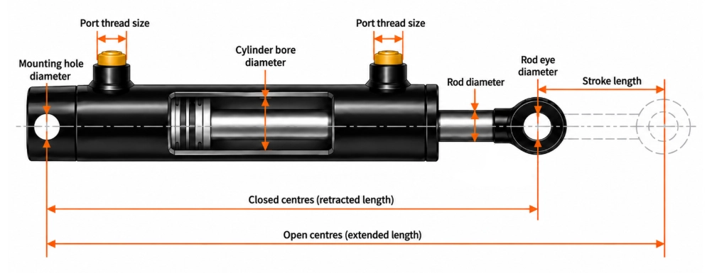 Hydraulic cylinder measurement diagram showing bore diameter, rod diameter, mounting hole diameter, port thread size, stroke length, closed centres and open centres