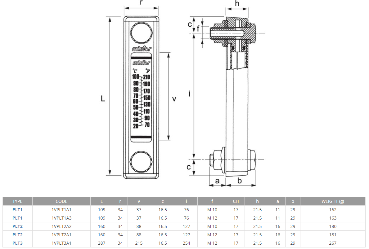 Hydraulic vertical level indicator with thermometer, M10, Length 76mm
