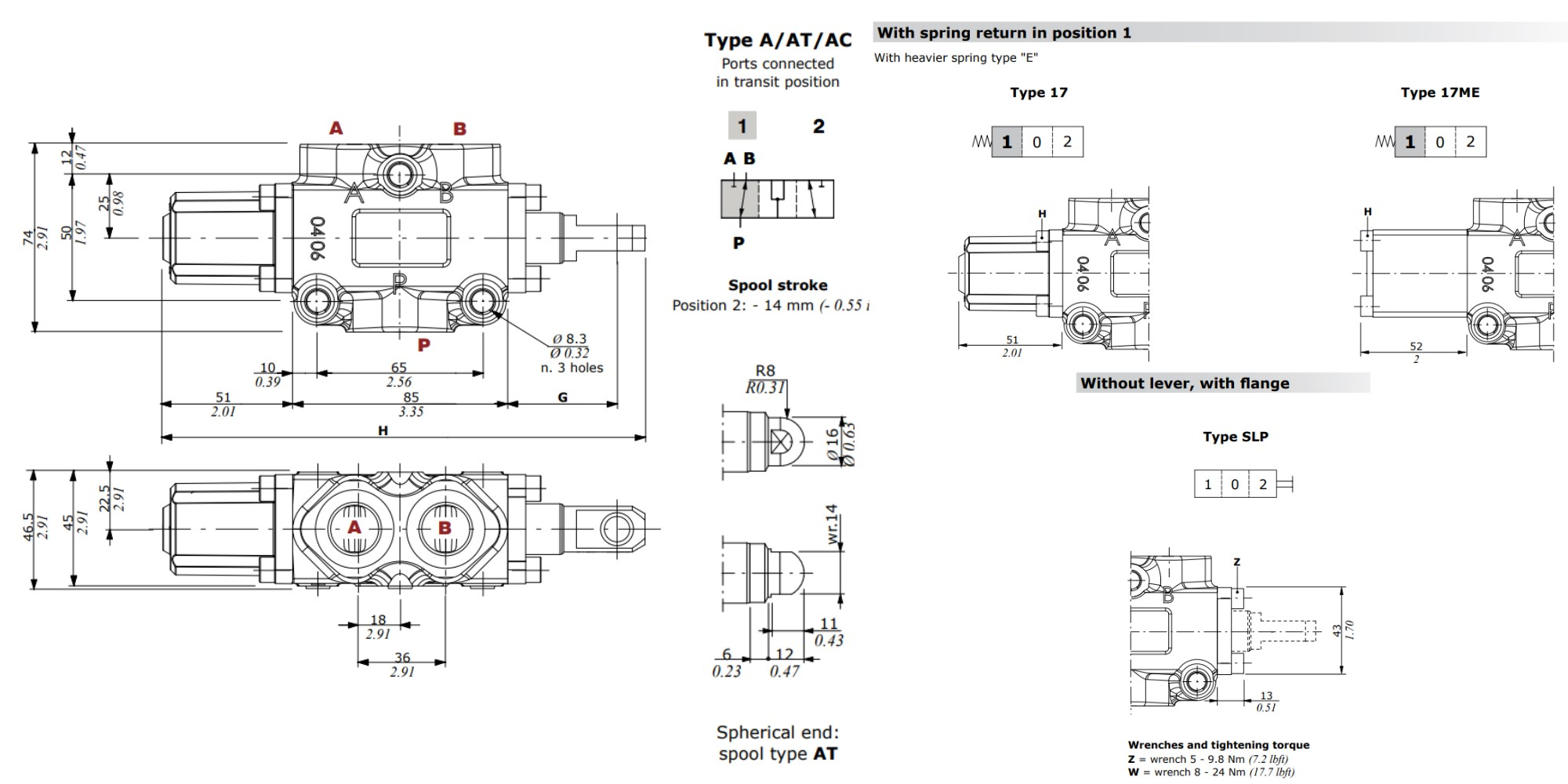 Walvoil, DF10/3AT17SLP, 3 Way, 1/2" Open Centre, Spring Return, Spherical End With Dust Cover, Manual Spool Diverter Valve