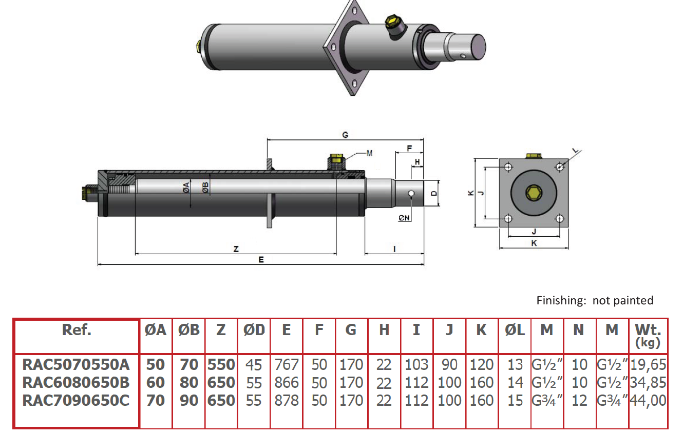 Hydraulic Double Acting Log Splitter Cylinder, 70 Bore, 50 Rod, 550 Sroke