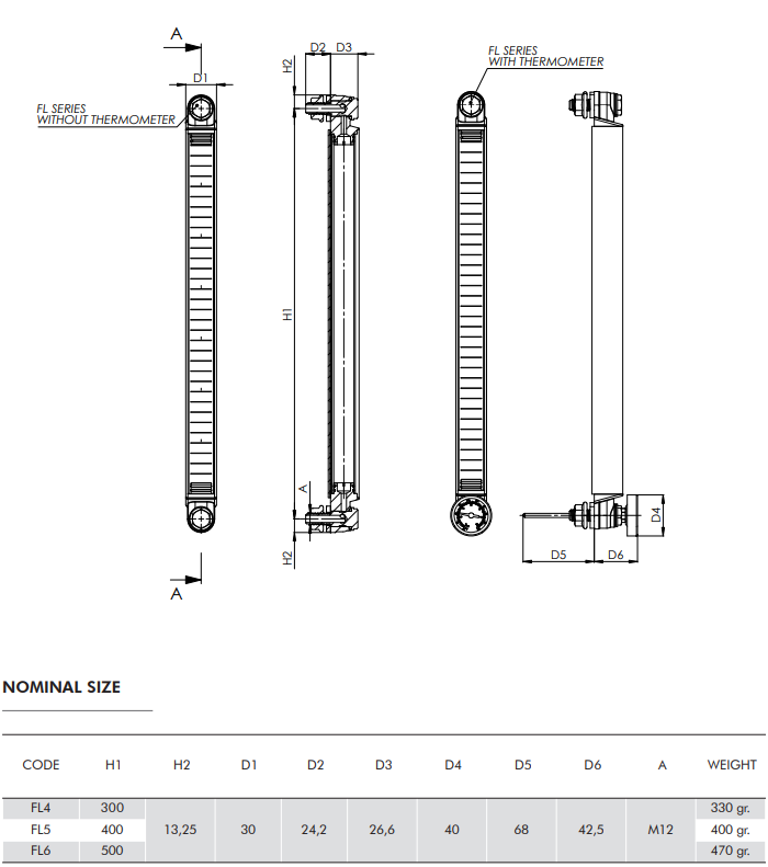 300mm Filtrec oil level indicator, M12 x 1.5 thread, without temperature gauge